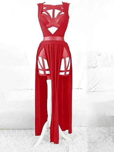 AYAZER Set mit 3 Damenkleidern mit Brustpolstern, Gothic-Sexy-Dessous-Partykostümen, rotes Bandage-Schnitt-Damenset-Rot-5XL