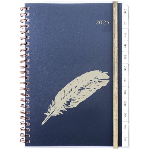 Kalender 2025 A5 Wochenplaner Deutsch, 1 Woche 2 Seiten mit Tabs, Tasche, Mehr Notizen Kontakt Seite, Gummiband, Spiralbindung, Buchkalender Terminplaner, Planer Ringbuch Jan 2025-Dez 2025, Feder