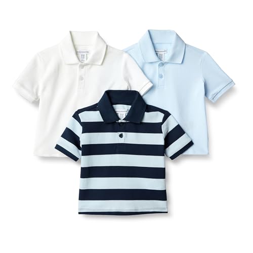 Amazon Essentials Jungen Poloshirt aus Baumwoll-Piqué mit Stretch-Anteil, 3er-Pack, Hellblau/Rugby-streifen/Weiß, 6-7 Jahre