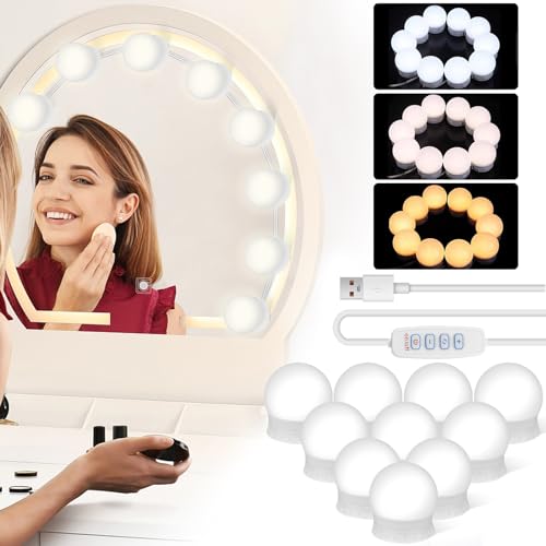 twirush 10 LED Spiegelleuchte, Schminktisch Beleuchtung Licht Mit 3 Farbe 10 Helligkeiten, Hollywood Stil Dimmbar Schminklicht Schminktisch Leuchte, Make Up Licht 3000-9000K (Ohne Spiegel)