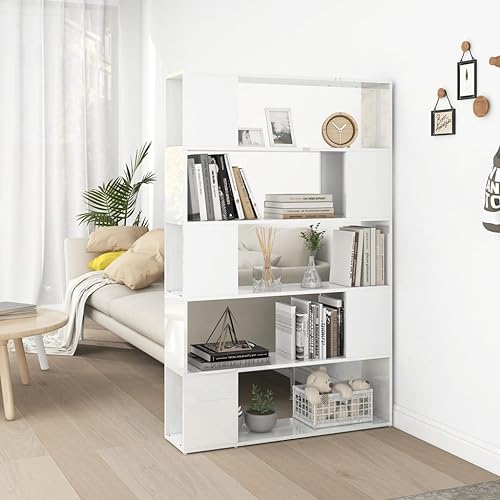 ULUYYUC Bücherregal Raumteiler Hochglanz-Weiß Schmaler Schrank mit 5 Fächern Holzwerkstoff Regalschrank für Wohnzimmer Küche Deko
