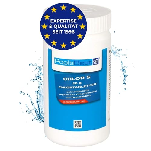 PoolsBest 1kg Chlor S 20g I schnelllösliche Chlortabletten für Pool I Poolpflege Chlortabs für Kinderpool, Whirlpool, Planschbecken I Stoßchlorung Tabletten zur Desinfektion I Pool Zubehör