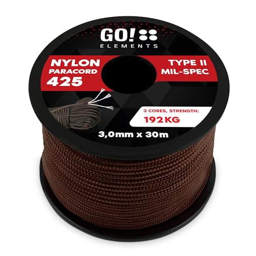 GO!elements 30m Paracord Seil aus reißfestem Nylon - 3mm Paracord 425 Typ II max. 192kg - Schnüre als Outdoor Seil, Allzweckseil, Survival Seil, Armband, Hundeleine, Nylonschnur, Farbe: Braun