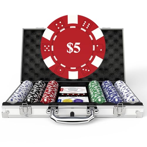 HEITOK Pokerkoffer Pokerset Profi mit Wert, 300 Glücksspielchips, nummerierte Chips mit 11,5 Gramm für Blackjack und Texas Holdem-Spiele mit Aluminium-Pokerkoffer