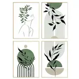 DEUXYU Premium Geometrie Deko Bilder 4er, A4 Moderne Grüne Pflanze Poster, Wohnzimmer Leinwandbilder, Hängende Gemälde Wandbilder, Kunstdruck Wandposter für Schlafzimmer, Büro, Flur, Eingang 21x30cm