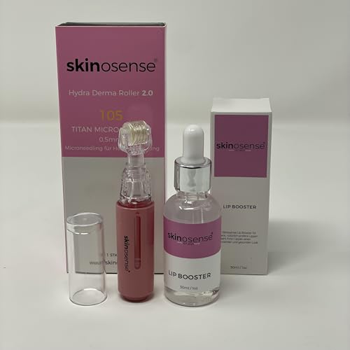 Skinosense Lip Booster Set, Hydra Derma Lip Roller 2.0, 105Titan Micronadeln 0,5 mm, inkl. Skinosense Lipbooster 30 ml