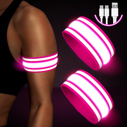 Led Armband Aufladbar,2 Stück Reflective LED leucht Armbänder Lichtband Kinder Leuchtbänder USB Reflektorband Leuchtarmband Reflektorband Nacht Sicherheits Licht für Joggen Laufen Running (Pink)