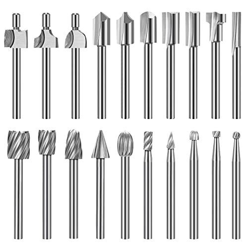 20 PCS Bohrer Set, HSS hohe Härte Rotary Holzschnitzerei Fräser Set mit 1/8" (3mm) Schaft, Router Bits DIY Gravur Werkzeuge für Holzbearbeitung Bohren Trimmen (geeignet für Rotary Tool)