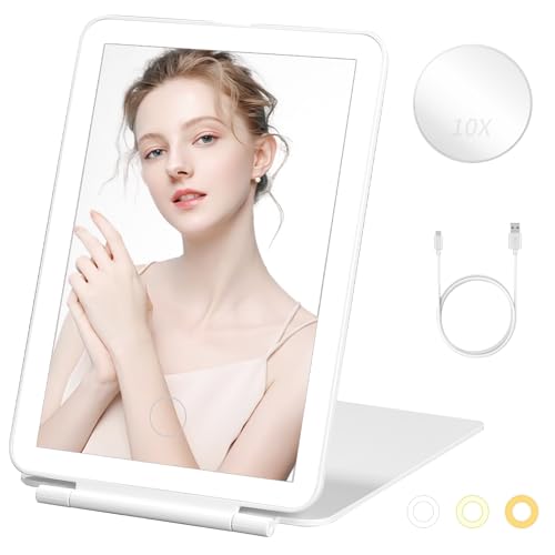 PERMUST Reisespiegel mit licht,Schminkspiegel mit Beleuchtung,Faltbarer Makeup Reisespiegel+10X Vergrößerung Spiegel,Touchscreen Dimmbarer mit 3 Lichtfarben Tischspiegel Kosmetikspiegel Standspiegel