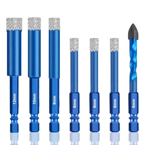 7 Stücke Fliesenbohrer Set, Diamantbohrer Glasbohrer, 6, 8, 10, 12 mm Fliesenbohrer mit 6mm Karbid Metall Diamantbohrer Kachelöffner für Keramik, Fliesen, Glas, Porzellan, Harte Fliesen, Mauerwerk