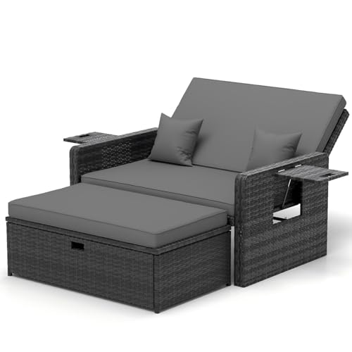 UDPATIO Rattan Lounge Möbel Outdoor, Lounge Balkonmöbel Gartensofa mit Hocker,Rattan Sofa mit Stauraum, Verstellbares 2 Sitzer Garten-Bett für Terrasse,Balkon,Garten,Grau-meliert & Dunkelgraue Bezüge