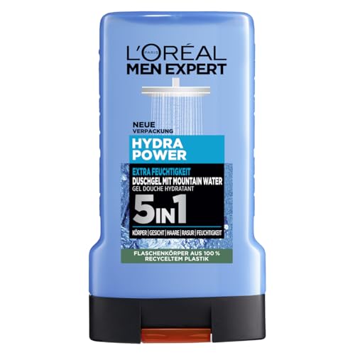 L'Oréal Men Expert Duschgel und Shampoo für Männer, Duschbad zur Reinigung von Körper, Haar und Gesicht, Herren Körperpflege für hydratisierte Haut mit Mountain Water, Hydra Power, 1 x 250 ml