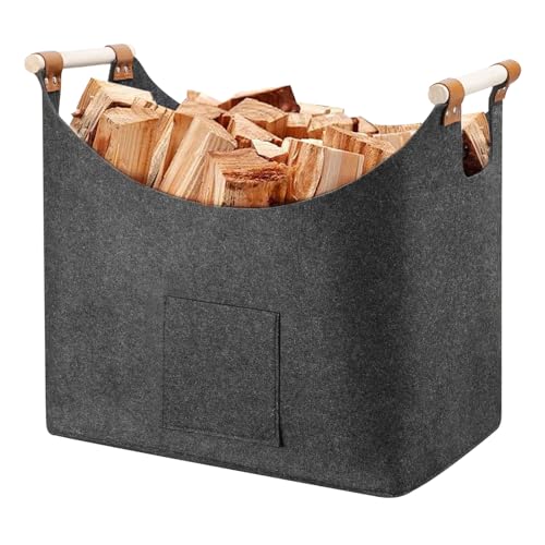 Brennholzkorb aus Filz mit Holzgriff Filzkorb Extra Großer, Faltbare Holzkorb-Filztasche für Zuhause & Auto Aufbewahrungskorb für Brennholz, Zeitungen, Kleidung (45x32x40cm)