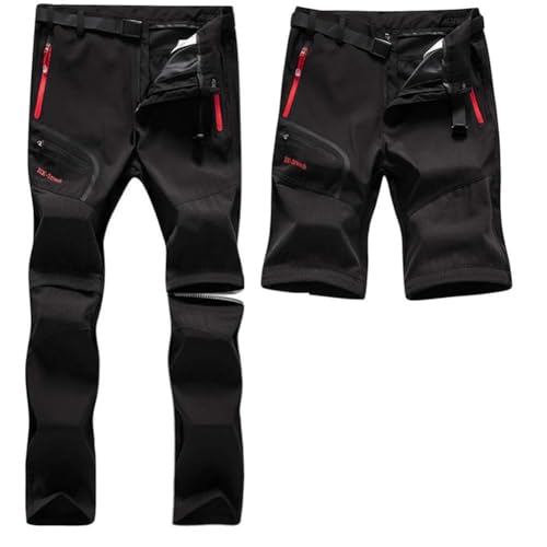 SANMIO Herren Wanderhose Zip Off Atmungsaktiv Wasserdicht Softshellhose Outdoor Funktionshose Trekkinghose Entfernbar Schnell Trockend (mit Gürtel) Schwarz, XL