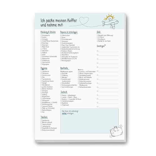 #detailverliebt Reise-Packliste Block Ich packe meinen Koffer und nehme mit I dv_327 I DIN A4 I 50 Blatt I Reise-Checkliste Notizzettel zum Abhaken Abreißen