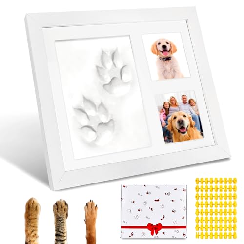 Sporgo Pfotenabdruck Set Hund Katze, 3D Bilderrahmen mit Pfotenabdrücke und 2 Foto, Pfotenabdruck Set Ständer 360° Drehbar, Holz Bilderrahmen für Hunde oder Katzenbesitzer (mit Geschenkverpackung)