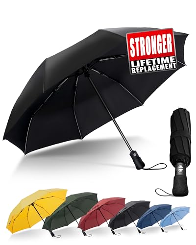 Chakipee Kompakter Reise Regenschirm Groß Sturmfest – Automatik Taschenschirm für Herren und Damen, Tragbarer 210T-Stoff 97 cm Spannweite 8 Rippen Schirm Schwarz