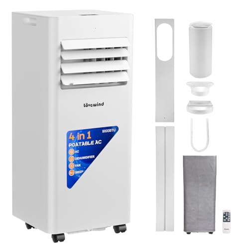 Lovewind Mobiles Klimagerät 9000 BTU (Eco R290), Leise 52 dB, Tragbare Klimaanlage mit Fernbedienung, 4-in-1 Kühlung, Entfeuchtung, Belüftung und Schlafen, IPX1 für Innenräume Büro