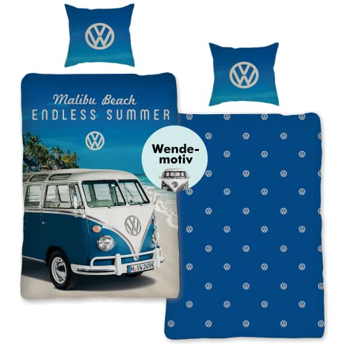 SkyBrands VW Bulli Bettwäsche 135x200 80x80 Kissen-Bezug 100 Prozent Baumwolle Wendemotiv Volkswagen Bettbezug Öko Tex Standard 100 Deutscher Händler