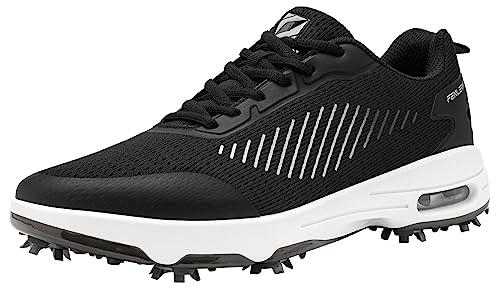 Fenlern Herren Golfschuhe Mesh Atmungsaktive Leichte Golf Sport Luftgepolsterte Schuhe Mit 9 Golf Spikes (Schwarz-Weiß, 43)