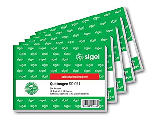 SIGEL SD021 Quittungsblock A6 quer, 5 Stück, 2x40 Blatt, selbstdurchschreibend, Standardquittung, mit 1 Durchschlag, mikroperforiert, aus nachhaltigem Papier