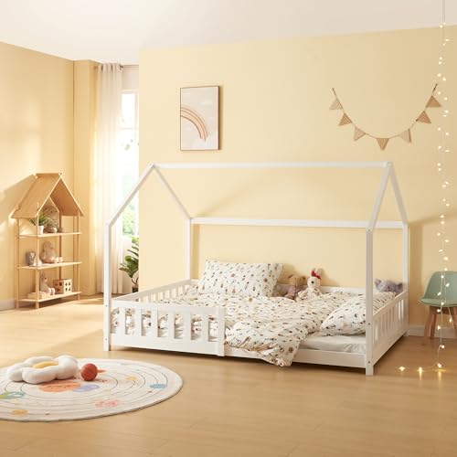 [en.casa] Kinderbett Hesel Hausbett Weiß 140 x 200 cm mit Rausfallschutz und Lattenrost Bodenbett Jugendbett Holzbett