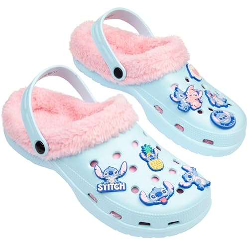 Disney Stitch Clogs Hausschuhe Damen, Plüsch Hausschuhe mit Fleecefutter & abnehmbaren Ansteckern (Blau/Pink Stitch, 39/40 EU)