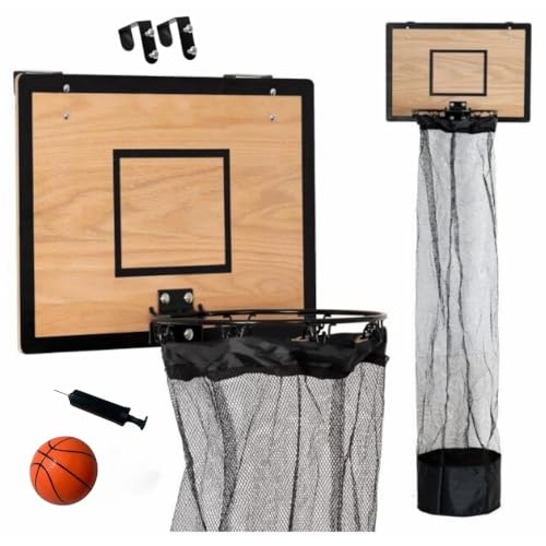 TheDunk Basketballkorb aus Holz für schmutzige Wäsche, Wand und Tür, mit abnehmbarem Beutel, Ball und Luftpumpe, Basketballspiele für Schmutzwäsche, Geschenk für Kinder und Erwachsene