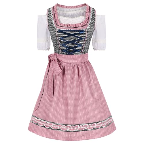 sdhienbb Dirndl Damen Kurz Trachtenkleid 3tlg. Midi Dirndl für Oktoberfest DREI Teilig: Dirndlkleid,Schürze,Bluse(Verpackung MEHRWEG) Damen Dirndl 3 teilig Dirndl schwarz rosa