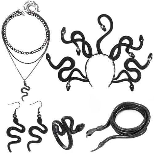 Reaky Schlangen-Schmuckset Schlangen-Halskette und Ohrringe Medusa-Schlangenkostüm Hollween-Schmuck für Frauen (5 PCS Schwarze Halskette Ohrringe Ring Armband Stirnband)