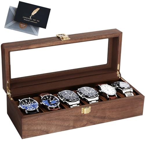 BBWELL Uhrenbox mit 6 Fächern,Hölzerne Uhrenkasten mit Glasdeckel,Abnehmbare Polster,Schloss aus Metall,Uhrenkoffer Uhrenaufbewahrung für Herren