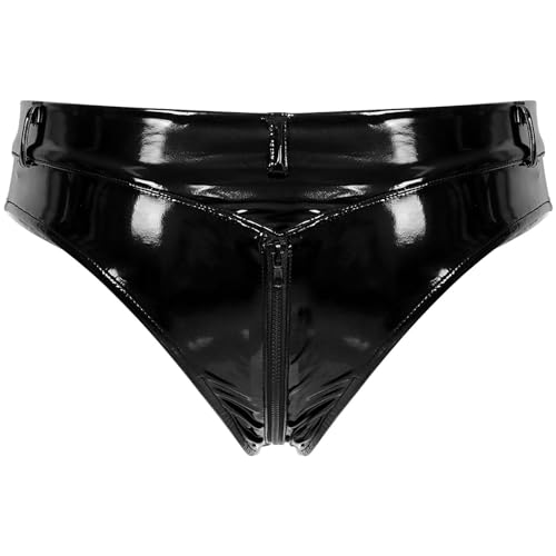 YiZYiF Damen Wetlook Slip Lack Leder Hotpants mit Reißverschluss Hohe Taille Latex Leder Booty Shorts Erotik Dessous Unterhose Schwarz N M