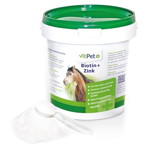 VitPet+ Biotin Plus Zink – Premium Ergänzungsfuttermittel mit hochdosiertem Zink und Biotin Pferd – 1,2 kg – Zur Unterstützung von Haut, Fell und Hufe – Bei Mauke und Ekzemen – Inkl. Dosierlöffel