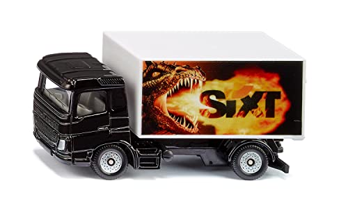 siku 1107, LKW mit Kofferaufbau Sixt, Spielzeug-LKW, Metall/Kunststoff, Schwarz/Weiß, Heckklappe zum Öffnen, Drachen-Motiv