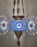 DEMMEX Türkische marokkanische Bunte Mosaik Bohemian Boho Kerzenhalter Laterne mit handgefertigtem, Buntem Glaskugel und Metallblattketten, 61 cm (Ocean Breeze)