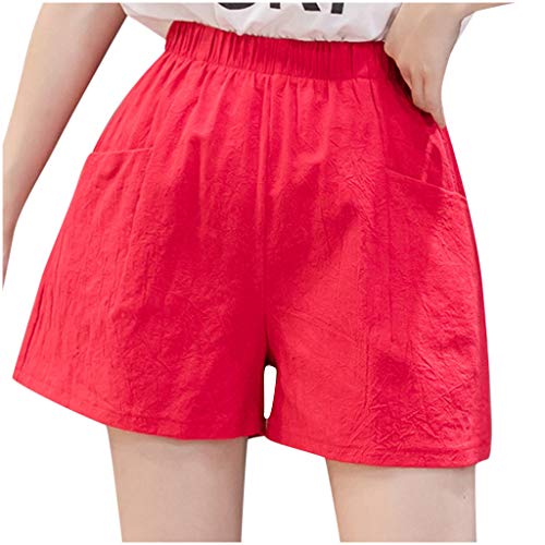 Shorts Damen Sommer Linen Musselin Kurze Hose Damen mit Zwei Taschen Leichte Stretch Weite Einfarbig Elegant Gerades Bein Sporthose Stoffhose Gummiband Strandhose Leinen Shorts Damen