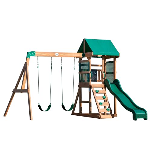 Backyard Discovery Spielturm Buckley Hill aus Holz | XXL Spielhaus für Kinder mit Rutsche, Schaukel und Kletterleiter | Stelzenhaus für den Garten