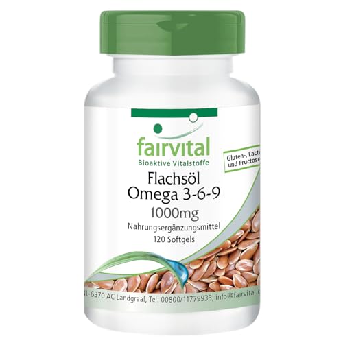 Fairvital | Omega-3-6-9 Kapseln - HOCHDOSIERT mit 2000mg LeinsamenÖl (Flaxseed Oil) pro Tagesdosis - natürliches Linolsäure & Alpha-Linolensäure - kaltgepresst - 120 Softgels
