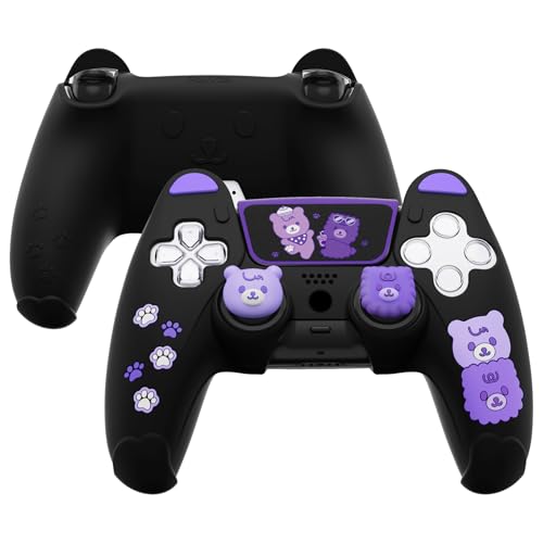 PlayVital Silikonhülle für PS5, Cute Bear Kawaii Controller Hülle kompatibel mit Ladestation, Gamepad Skin Schutzhülle für PS5 mit Touchpad Aufkleber und Daumengriffe-Schwarz und Lila