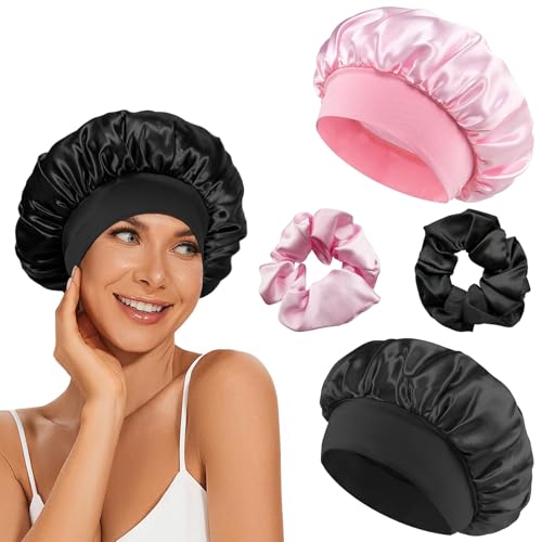 Schlafhaube Seide, 2 Stück Seidenhaube, Verstellbar Satin Haarhaube, Silk Bonnet Sleep Cap, Damen Mädchen Atmungsaktive Schlafkappe Duschhauben, mit 2 Stück Satin Haargummis,für Verschiedene Haartypen