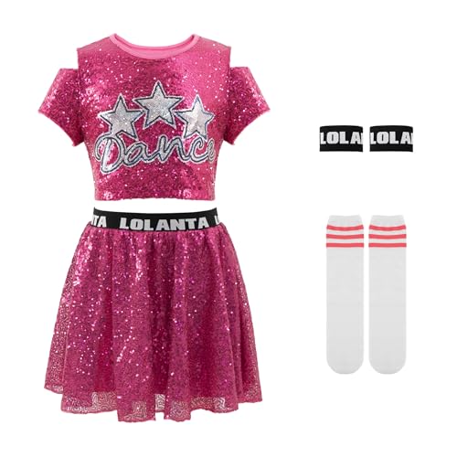 LOLANTA Tanzoutfits mit Pailletten für Mädchen, glitzernde Jazz Hip Hop Tanzkleidung, bauchfreie Oberteile mit Rock, Rosa, 5-6 Jahre, 120