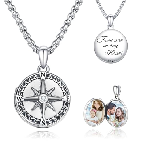 REDSUN Kompass Medaillon Halskette 925 Sterling Silber Kompass Kette Amulett Medaillon mit Foto Kompass Schmuck Geschenke für Männer Frauen Jungen Mädchen