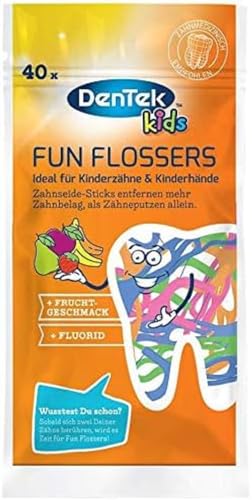 Dentek Fun Flossers Kids - Zahnseide-Sticks speziell für Kinder - mit Fruchtgeschmack - rutschfester Griff - bunte Farben, 1 X 40 Stk