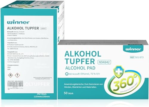 Winner Medical 150 Stück 75% Ethanol Alkoholtupfer,4-lagige quadratische Wattepads, gut getränkt mit Alkohol,sterile Alcohol pads Tupfer Alkohol (11 x 15 cm)