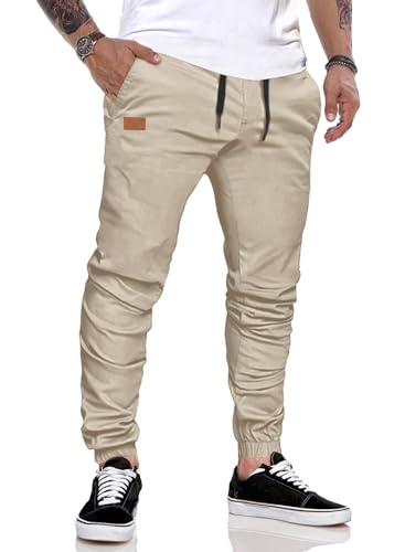 JMIERR Herren Hose Chino Cargo Hose Jogginghose Herren Baumwolle Sporthose Casual Freizeithose Elastische Taille mit Kordelzug Sweatpants Herren mit Taschen, Khaki-XXL