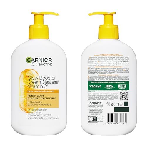 Garnier SkinActive Glow Booster Cream Cleanser Vitamin C* Gesichtsreinigung für fahle, unebenmäßige Haut, reinigend und feuchtigkeitsspend, 250 ml