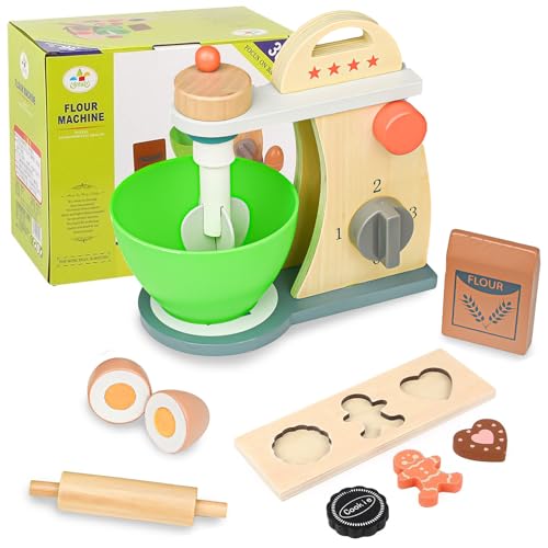 Hyacinthy Mixer Kinderküche, Kinder Holzspielzeug Lebensmittel Backen mit Schüssel, Handmixer Kinder Pretend Rolle, Backen Spielzeug für 3+ Jungen Mädchen
