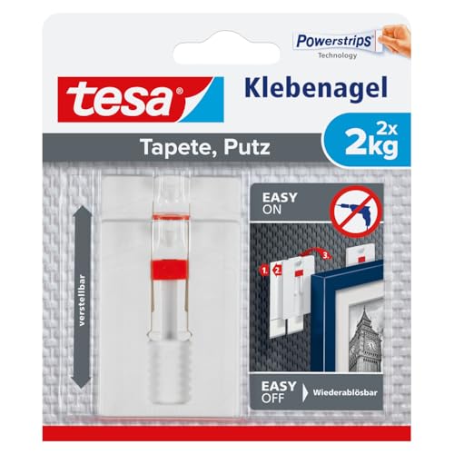 tesa Verstellbarer Klebenagel für Tapeten und Putz 2 kg - Höhenverstellbarer, selbstklebender Wandnagel - Bis zu 2 kg Halteleistung pro Nagel - 2-er Pack