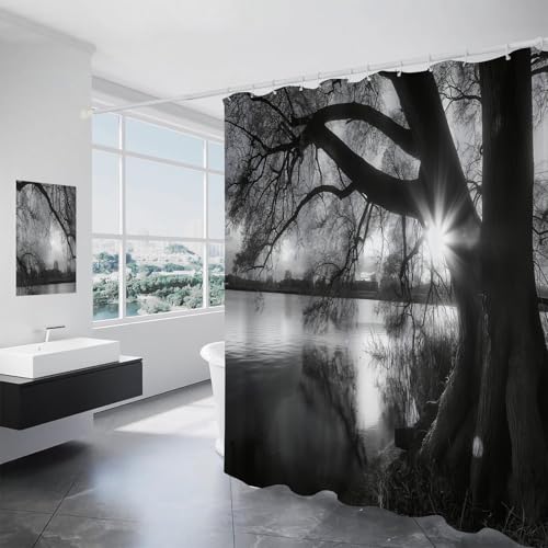 GDJSMIN Flusslandschaft Duschvorhänge mit Haken,H200 x B180 cm (1er Pack) Wasserdicht Duschvorhang für Badezimmer,Seeufer Bäume Badewannen Hotelvorhang,Maschinenwaschbar