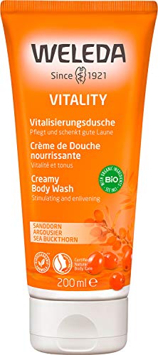 WELEDA Bio Vitality Duschgel vegan - Naturkosmetik Sanddorn Duschseife für Frauen & Männer mit Grapefruit / Sandelholz Duft, Natürliche Hautpflege Dusche zur Reinigung von Gesicht & Körper (1x 200ml)